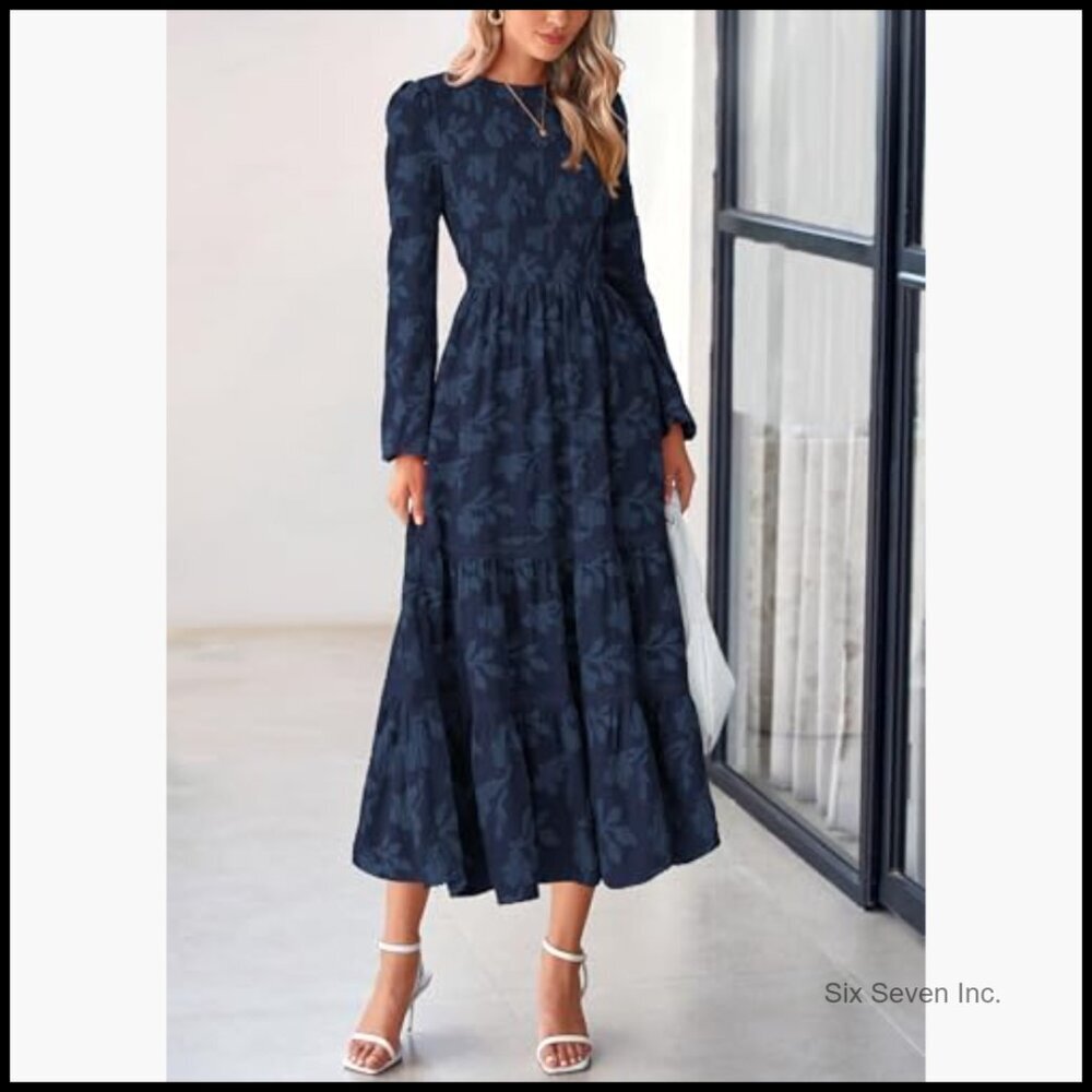 Long Sleeve Smocked Midi Dress Floral Boho Flowy Wedding Guest - Picture 3 of 7